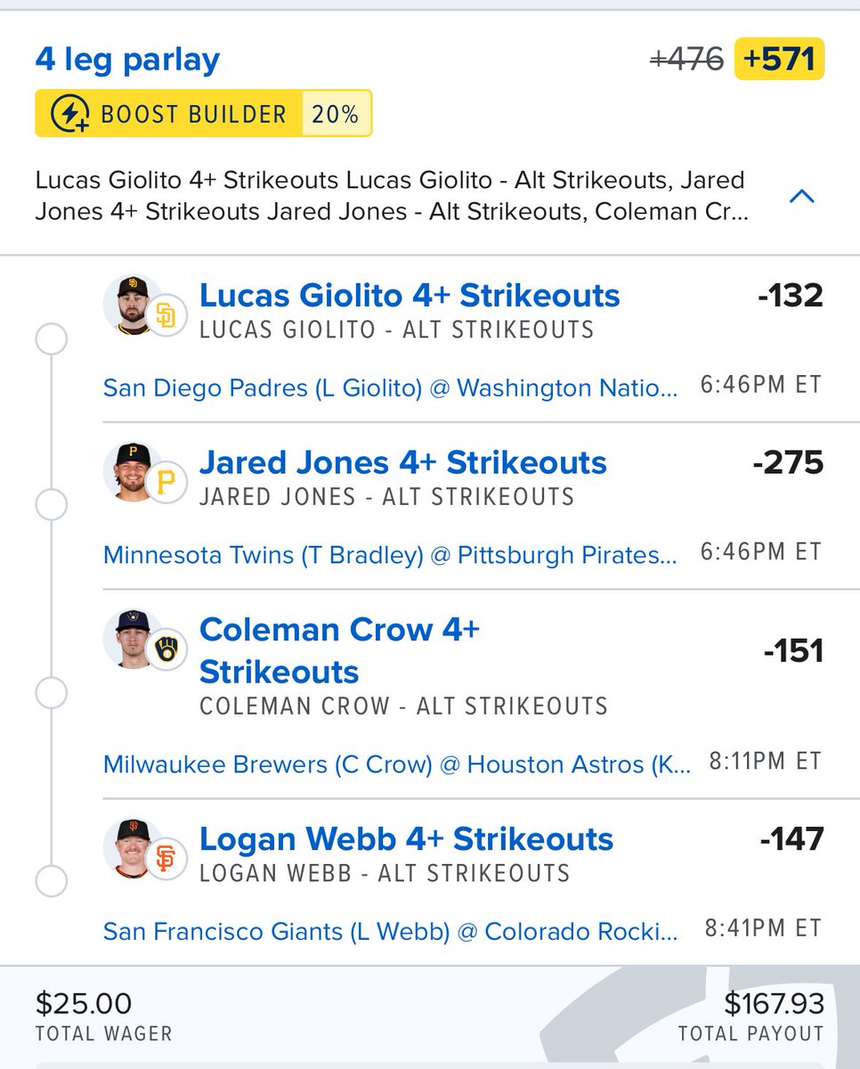JunkyProphet's tweet photo. Gambling on 4 MLB pitchers to do the bare minimum today for a simple flip ⚾️

Lucas Giolito 4+ Ks
Jared Jones 4+ Ks
Coleman Crow 4+ Ks
Logan Webb 4+ Ks 

#PJC #strikeouts #picks #parlay #hr #homerun https://t.co/3Esh54ODdi