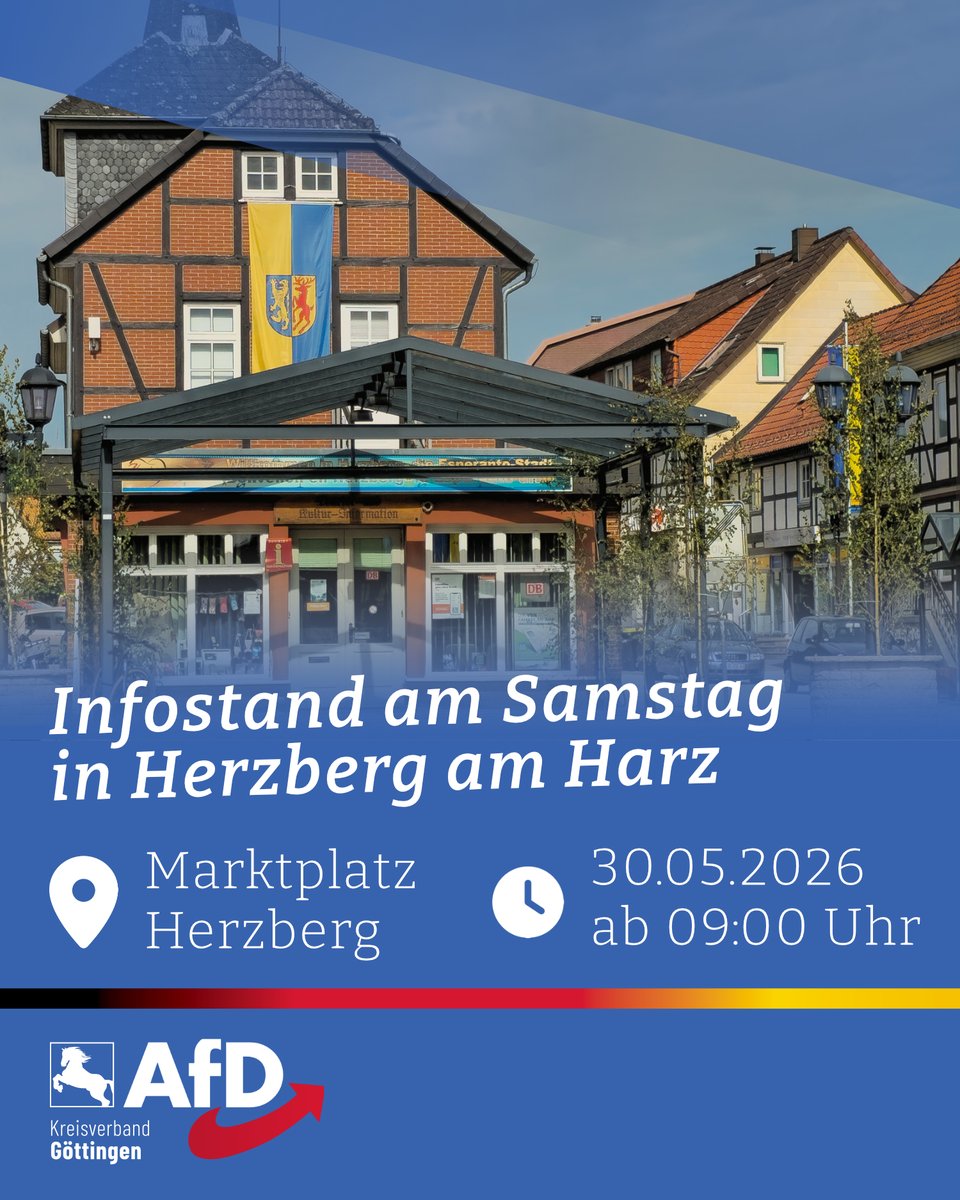 AfDGoettingen's tweet photo. Am morgigen Samstag Vormittag stehen wir mit unserem blauen Pavillon während des Wochenmarktes ab 09:00 Uhr auf dem Herzberger Marktplatz und freuen uns auf gemeinsame Gespräche mit Ihnen/Euch - schaut gern vorbei! https://t.co/PkoRVmN4G1
