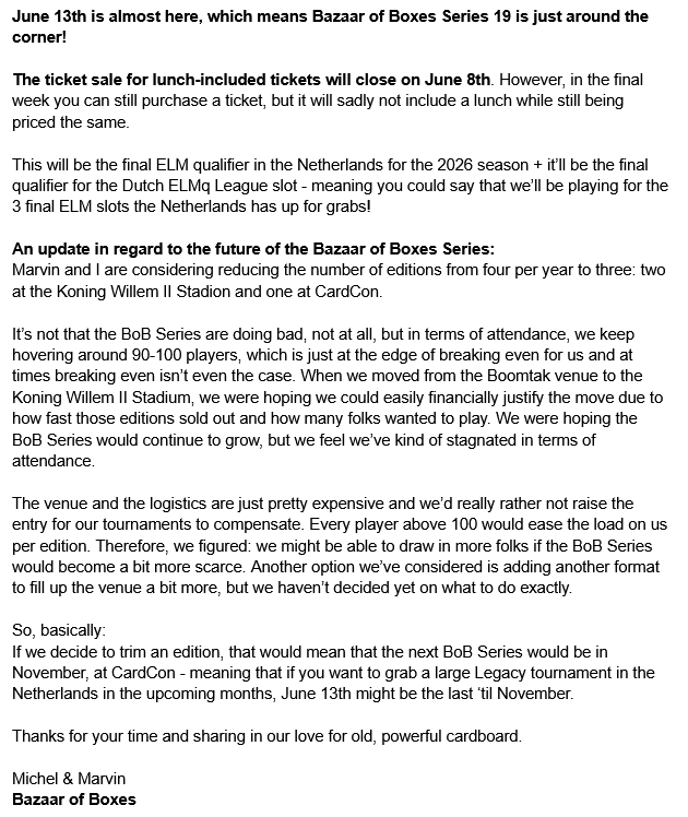 BazaarOfBoxes's tweet photo. @UltimateGuard @CardmarketMagic @MTGO @EULegacyMasters @RageSquid An update in regard to the future of the Bazaar of Boxes Series: https://t.co/0MWtixnFsV