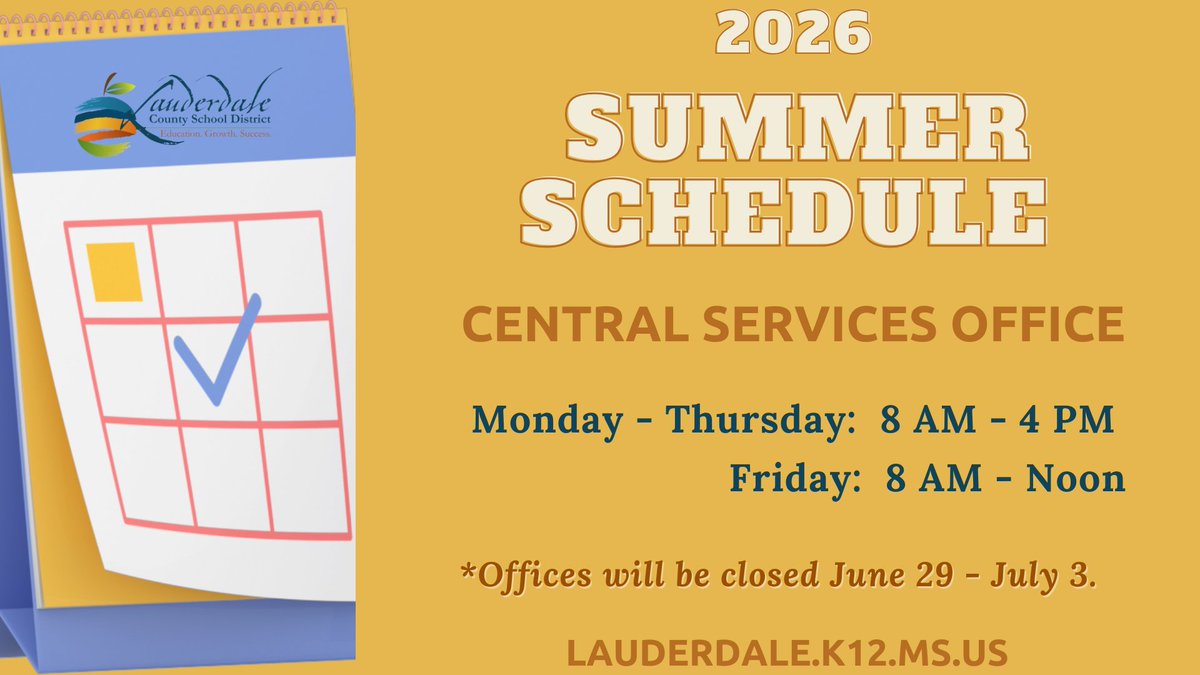 LauderdaleCSD's tweet photo. Here are the summer hours for the Central Services Office! ☀️#LCSDExcellence #MaketheCase @ClarkdaleSchool @CdaleBulldogs @netrojans @NEMSTrojans @TrojanNation11 @see_tigers @SEMSTigersROAR @SEHS_Tigers @LauderdaleWest @WLMiddleSchool @WestLauderdale1 https://t.co/vHWMZvb0BJ