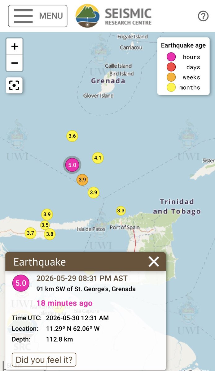 TTWeatherCenter's tweet photo. According to the @uwiseismic, at 8:31 PM, a magnitude 5.0 earthquake struck, 91 km SW of St. George's, Grenada, 93 km NW of Port of Spain, Trinidad and Tobago, and 113 km NW of Arima, Trinidad and Tobago.

The earthquake struck at a depth of 112.8 kilometers, and was felt across Trinidad and Tobago, Grenada and St. Vincent.

If you felt it, report to the @uwiseismic: https://t.co/Wf5hJIZ7EX