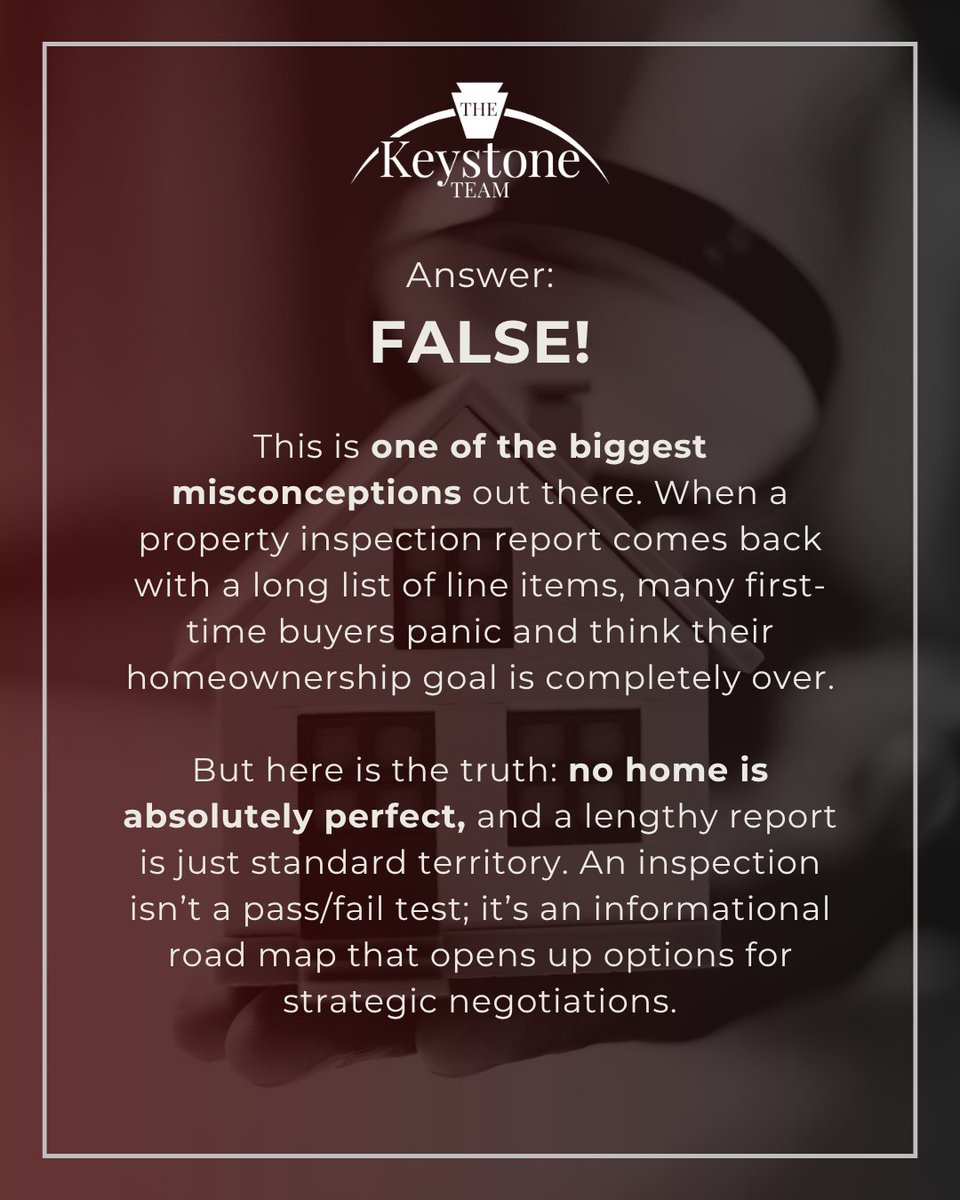TheKeystoneTeam's tweet photo. 🏡 Think you know the home-buying process?

Before you make your guess, think about how inspections can impact negotiations and closing.
➡️ Swipe to the next slide to see if you're right.

#TheKeystoneTeam #RealEstateTrivia #HomeBuyingTips https://t.co/ySe9NwCBIi