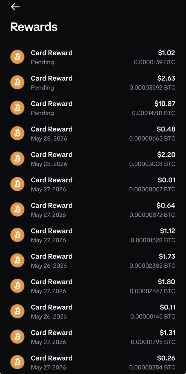 Redcobra04_'s tweet photo. @coinbase Switched from my airline rewards to everything Coinbase One Card. Most recent transactions and lifetime rewards. Stacking BTC with every swipe https://t.co/mABdo8EsKZ