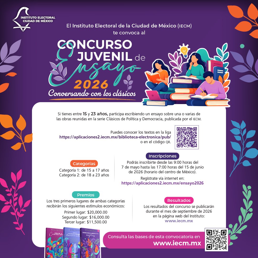 Distrito27IECM's tweet photo. ✍️ ¿Tienes entre 15 y 23 años y te gusta escribir?  Participa en el Concurso Juvenil de Ensayo 2026 “Conversando con los clásicos”, del #IECM. Comparte tus ideas, reflexiones y propuestas a partir de textos clásicos sobre política, democracia y sociedad. https://t.co/SunakPkxfM https://t.co/b5QATZQUwd
