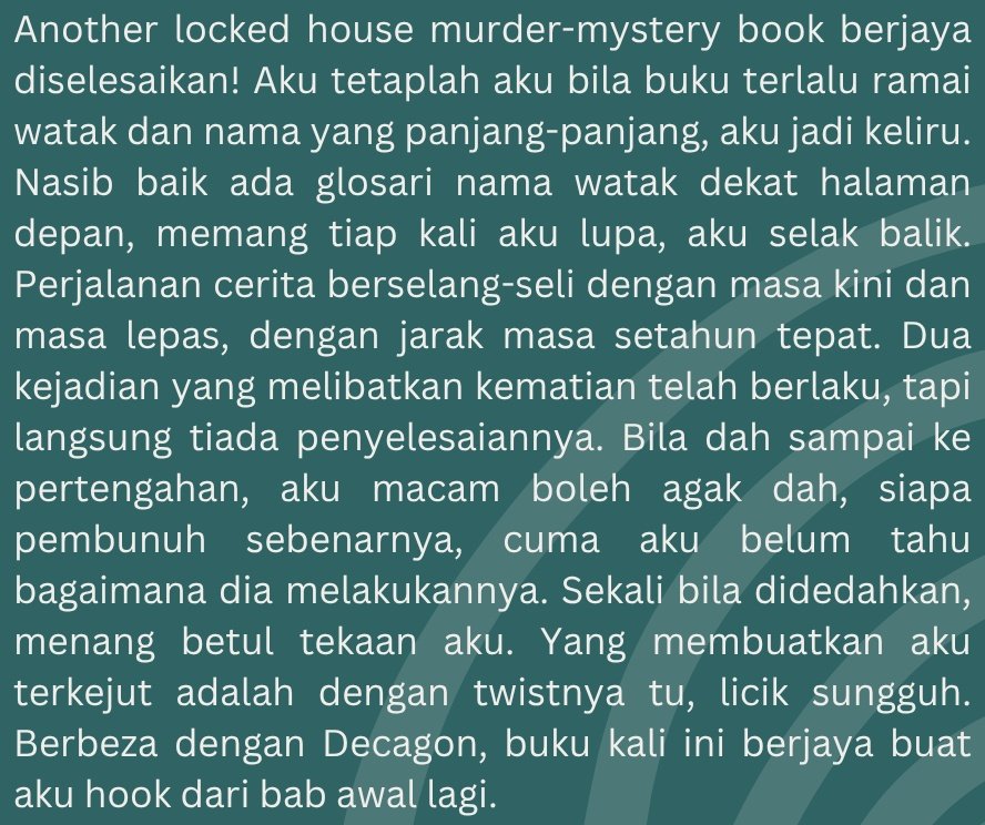 azrl_nr's tweet photo. 7. THE MILL HOUSE MURDERS - Yukito Ayatsuji

⭐⭐⭐⭐⭐

#AzrilMembaca
#CabaranMembaca2026
@PushkinVertigo https://t.co/zQpeoyLfxj