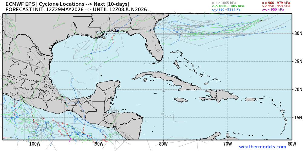 PC_WeatherBoy's tweet photo. EURO and EURO AI still trying to keep things interesting. 

EURO EPS ensembles hinting at a sloppy loosely organized and very sheared tropical wave to try and spin up in the Gulf come mid to the end of next week. 

EURO and EURO AI both hinting with nothing showing on the GFS. GFS shows...no body cares...EURO shows...eye brows raise. Just how it is. 

Will be something to keep an eye on. Would be middle-end of next week. Low concern for now.