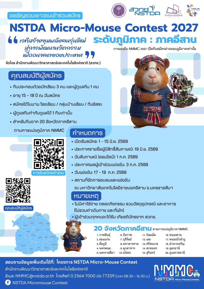 nstdathailand's tweet photo. NSTDA Micro-mouse contest 2027 ภาคอีสาน
รายละเอียด📢 เปิดรับสมัครเข้าร่วมการแข่งขัน
NSTDA Micro-Mouse Contest 2027 (NMMC2027)
ระดับภูมิภาค : ภาคอีสาน

🤖 เวทีสำหรับเยาวชนที่สนใจด้านหุ่นยนต์ วิศวกรรม และนวัตกรรม
ร่วมเรียนรู้ ออกแบบ และพัฒนาหุ่นยนต์ Micro-Mouse
พร้อมเปิดประสบการณ์การแข่งขันด้านเทคโนโลยีระดับภูมิภาค

✨ ปีนี้ NMMC2027 ปรับรูปแบบการคัดเลือกใหม่
แข่งขันผ่าน “รอบภูมิภาค” เพื่อคัดเลือกทีมเข้าสู่การแข่งขันระดับประเทศ
📌 เปิดรับสมัคร : 1 – 15 มิถุนายน 2569
👥 ทีมละ 3 คน พร้อมอาจารย์/ผู้ดูแลทีม 1 คน
📍 สำหรับทีมจาก 20 จังหวัดภาคอีสาน
🏫 สมัครได้ทั้งในนามโรงเรียน กลุ่มบ้านเรียน หรือทีมอิสระ
📲 ดูรายละเอียดและสมัครเข้าร่วมกิจกรรมได้ที่ https://t.co/KHCdwSuGPv

#NMMC2027 #NSTDAMicromouseContest #Micromouse #NSTDA