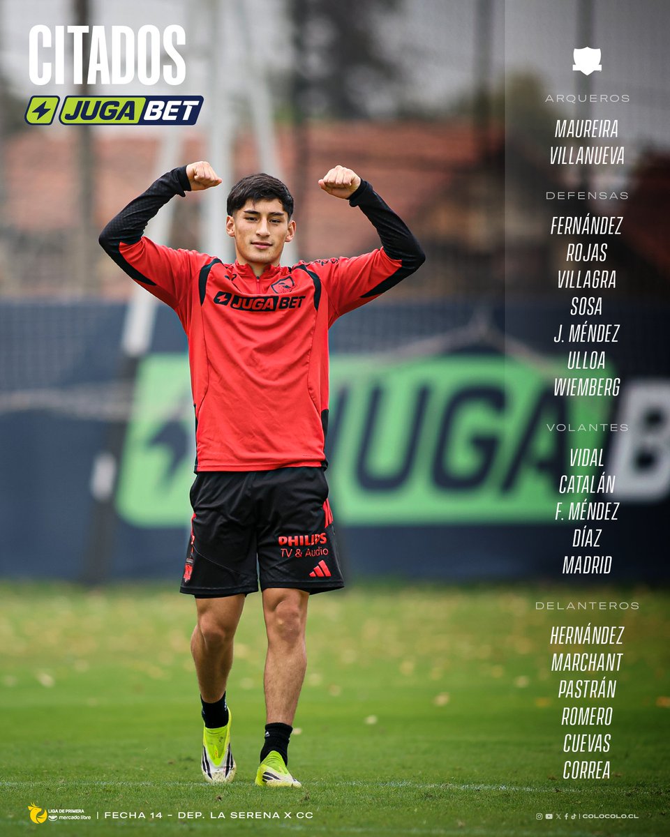 ColoColo's tweet photo. Junto a los amigos de @jugabet_cl damos a conocer la 𝐥𝐢𝐬𝐭𝐚 𝐝𝐞 𝐜𝐢𝐭𝐚𝐝𝐨𝐬 para jugar contra Deportes La Serena por la fecha 14 de la #LigaDePrimeraMercadoLibre ⚪⚫ https://t.co/goWHXHTvmk