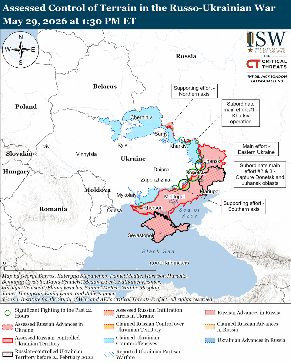 TheStudyofWar's tweet photo. 2/ Full the full Russian Offensive Campaign Assessment, May 29, 2026: https://t.co/urPyUagUSr https://t.co/BbWz8Gtp47