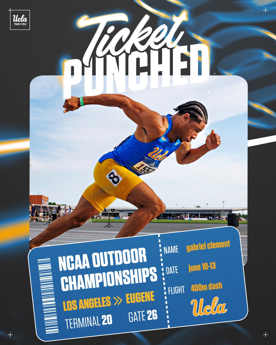 UCLATrack_Field's tweet photo. Ticket Punched 🎟️🤛

Gabriel Clement II is heading back to NCAAs after setting a PB in the 400m dash (45.22) to finish fifth at Regionals on Friday!

#GoBruins https://t.co/uxpAwSPRmt