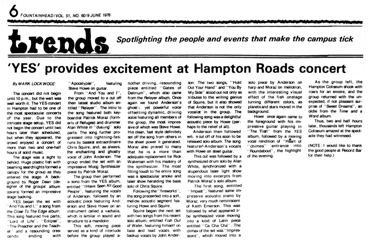 gmasonFL's tweet photo. May 29, 1976, YES plays @HamptonColiseum in Hampton Virginia on the Summer 1976 leg of their Solo Albums tour. Here Mark Lockwood reviews the concert for @EastCarolina University's Fountainhead campus newspaper.

More at Forgotten Yesterdays: https://t.co/lTiP2mukqZ https://t.co/WJM0Q31yJu