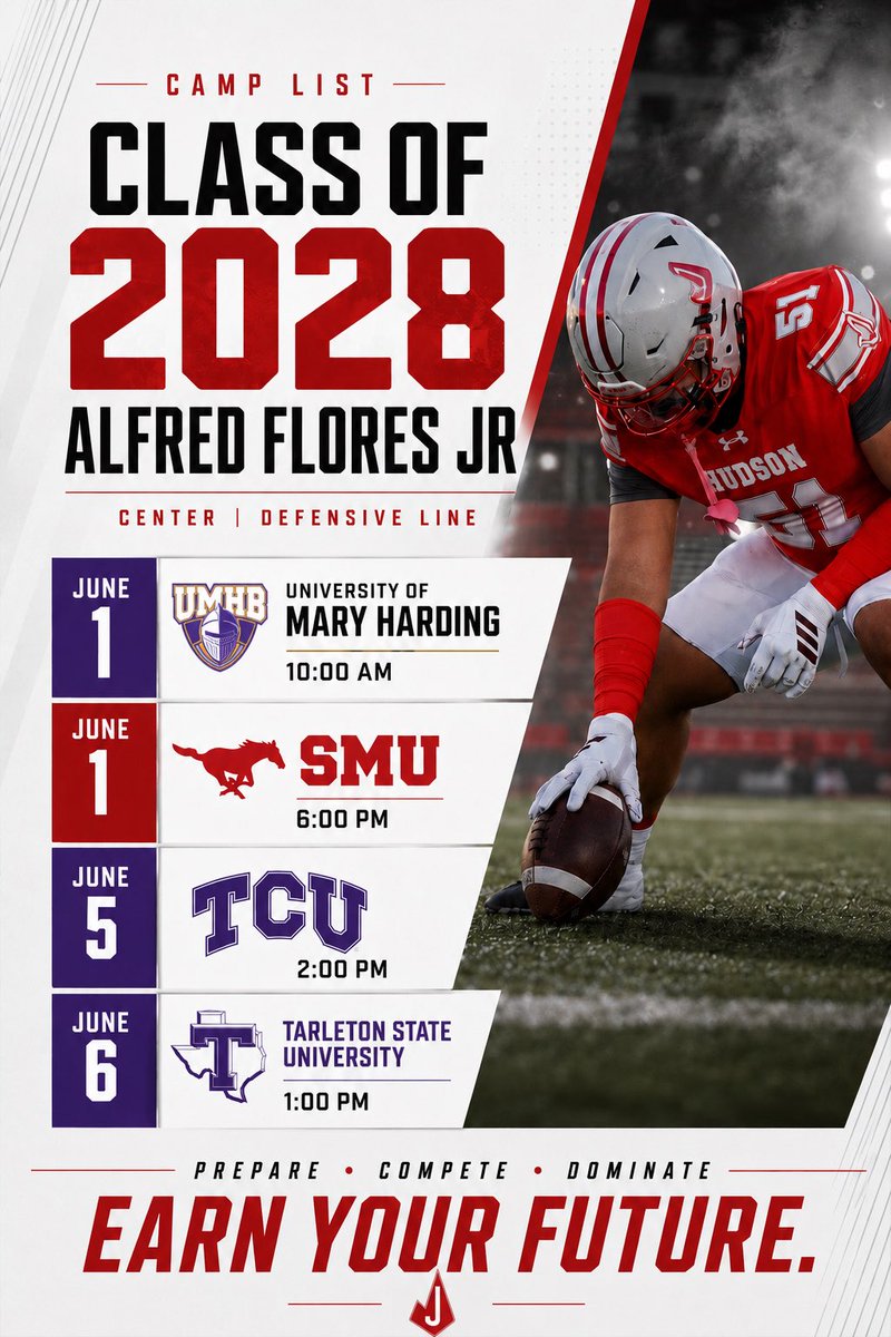 f1or3s52's tweet photo. 🚨 SUMMER CAMP LIST 🚨
Glad to say that i will be attending 4 camps this year ! 
-
UMHB June 1st @10am 
SMU (Mega) June 1st @6pm
TCU (Mega) June 5th @2pm
TARLETON STATE June 6th @1pm
-
-
- 
@JudsonRocketFB @JudsonStrength 
@Coach_Hughes2 @F1ores1 
#protectthetradtion https://t.co/d9u1ohh0p7