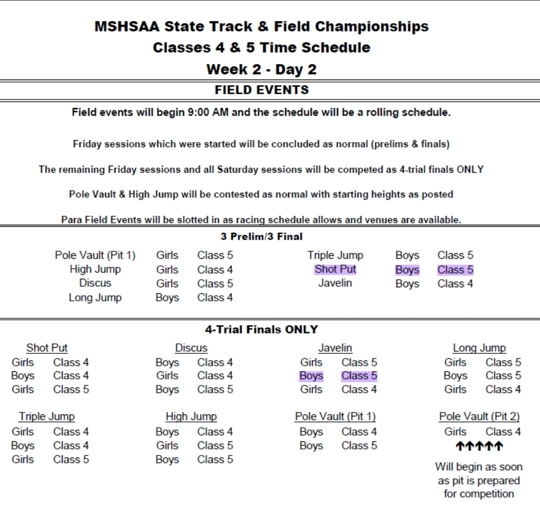 BSHSBoysTF's tweet photo. Due to severe weather the state meet has been discontinued for Friday. Events will take place Saturday starting at 9:00. A rolling schedule will be used. When one event is done they will immediately begin the next. Highlighted are events our boys are competing in. @WildcatsBSHS https://t.co/52U0K66I2p