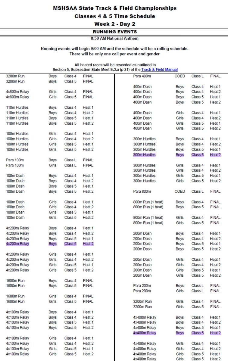 BSHSBoysTF's tweet photo. Due to severe weather the state meet has been discontinued for Friday. Events will take place Saturday starting at 9:00. A rolling schedule will be used. When one event is done they will immediately begin the next. Highlighted are events our boys are competing in. @WildcatsBSHS https://t.co/52U0K66I2p