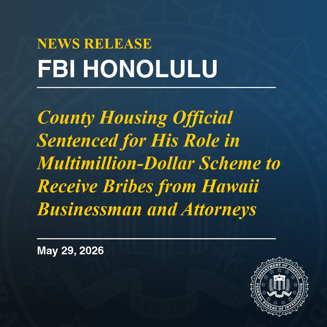 FBIHonolulu's tweet photo. 🚨NEWS ALERT: County Housing Official Sentenced for His Role in Multimillion-Dollar Scheme to Receive Bribes from Hawaii Businessman and Attorneys

HONOLULU – A former Hawaii County official, Alan Scott Rudo, 59, was sentenced yesterday to 46 months in prison for his role in a conspiracy to receive bribes in exchange for his official actions as a Housing Specialist at the Hawaii County Office of Housing and Community Development (OHCD).

According to court documents and evidence presented at trial, two attorneys and a businessman living on Big Island conspired to pay bribes and kickbacks to Rudo in exchange for Rudo’s agreement to use his official position to ensure the County approved three affordable housing agreements (AHAs) benefitting the defendants’ development companies. Although Rudo’s co-conspirators promised in the AHAs to build affordable housing for the citizens of Hawaii County, their development companies never built a single unit. Through the AHAs, the defendants fraudulently obtained more than $11 million worth of land and excess affordable housing credits (AHCs). From that amount, the co-conspirators paid or attempted to pay Rudo approximately $1,931,778 in bribes and kickbacks. 

https://t.co/XFFA2OLlex