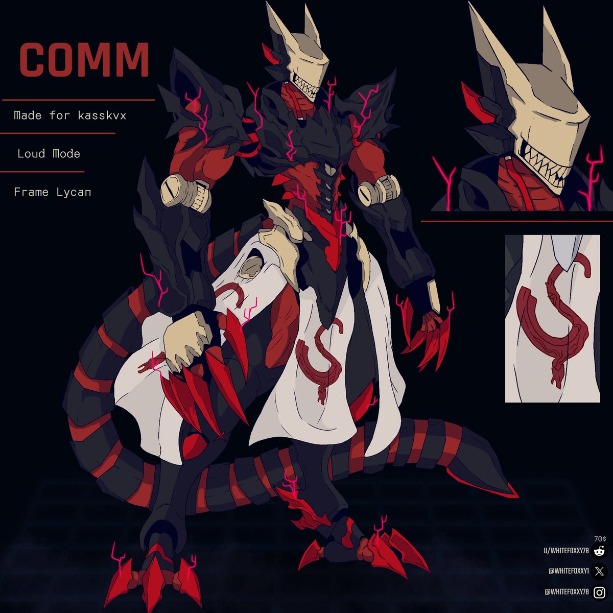 WhiteFoxxy1's tweet photo. COMMISSION WORK

Lycan Frame

Quiet Mode and Loud Mode variants designed for Kasskvx

#LancerRPG #Mecha #Gundam #MechDesign #AnimeArt #commissionart https://t.co/3Sc47RTZtr