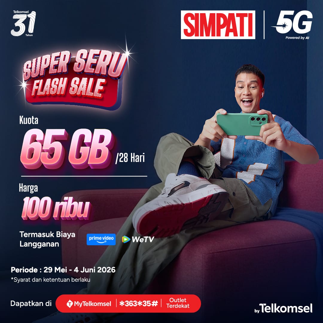 ar3klokal's tweet photo. SUPER SERU FLASH SALE buat internetan makin puas 🔥
65GB/28 Hari cuma 100 ribu + udah termasuk biaya langganan Prime Video &amp; WeTV 😍

📅 29 Mei – 4 Juni 2026
Aktifkan di MyTelkomsel, *363*35#, atau klik https://t.co/wJ1baYFIHO 😉

#SIMPATITerbaikUntukmu #NontonPastiSIMPATI https://t.co/hoLHWSPnb6