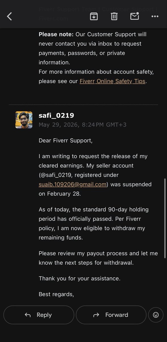 Safi_188's tweet photo. @FiverrSupport I just emailed support as requested and got ticket #14544455, but I received the exact same automated bot reply. Can a human support agent please look into my case and assist me manually with the payout process? @FiverrSupport https://t.co/hKrLnCCXYj