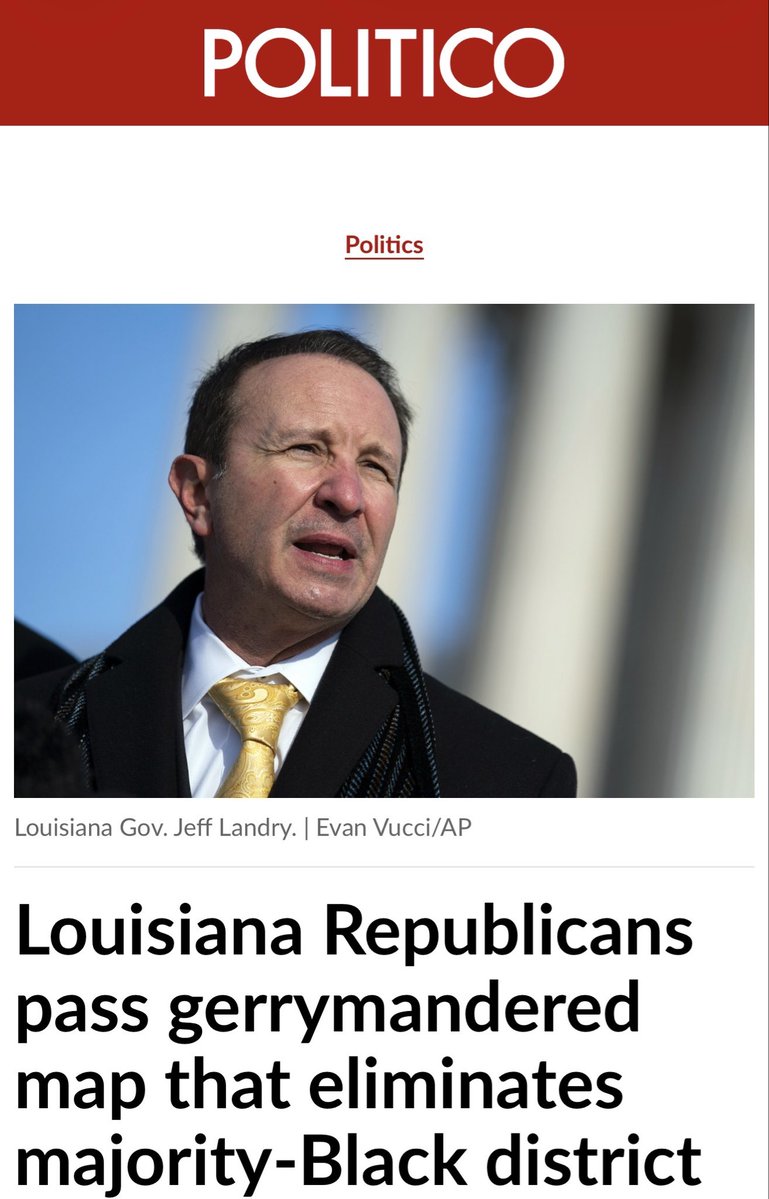 MarkMeuser's tweet photo. Dear Politico,

Let me fix your headline:

Louisiana Republicans pass a non-gerrymandered map that eliminates the unconstitutional map that was drawn with the race of the voter as the predominate factor. https://t.co/8fH0ydrdGb