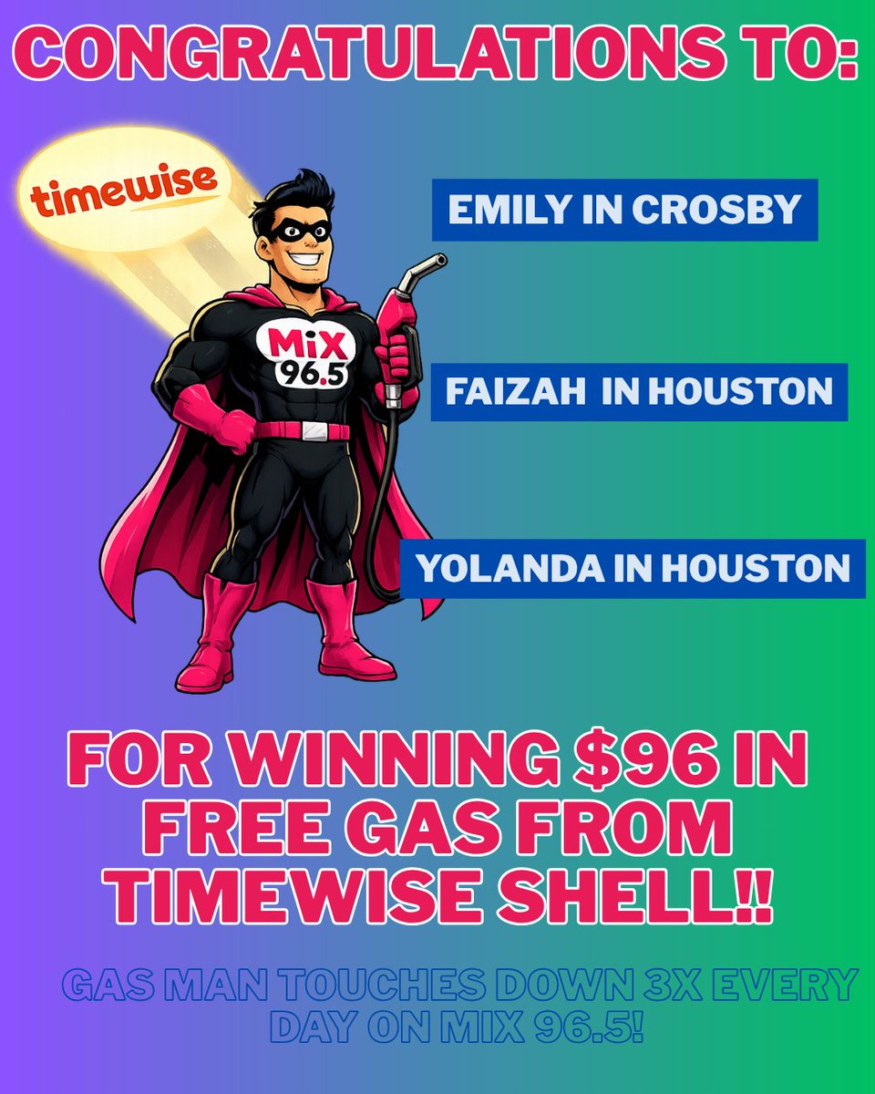 Mix965Houston's tweet photo. We ❤️ our winners!! The best Friday is the one where you win free gas thanks to Gas Man and Timewise Shell! https://t.co/gKeolxEDW3