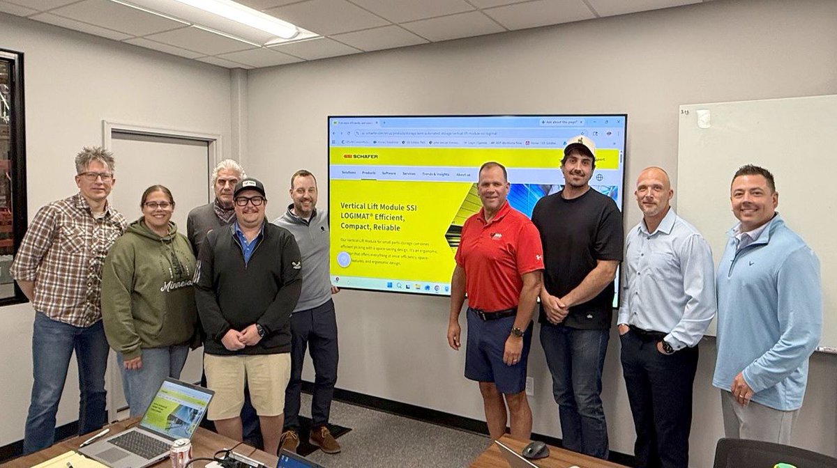 SJF_com's tweet photo. Our sales team attended a live demo of the SSI Schaefer LOGIMAT VLM. Up to 90% floor space savings, 20%+ pick improvement, and a rack-and-pinion drive that holds up better than belt or chain. Full recap on the blog. 

https://t.co/7DWLiOUtHo 

#WarehouseAutomation #LOGIMAT https://t.co/D8Ns42Yo7m