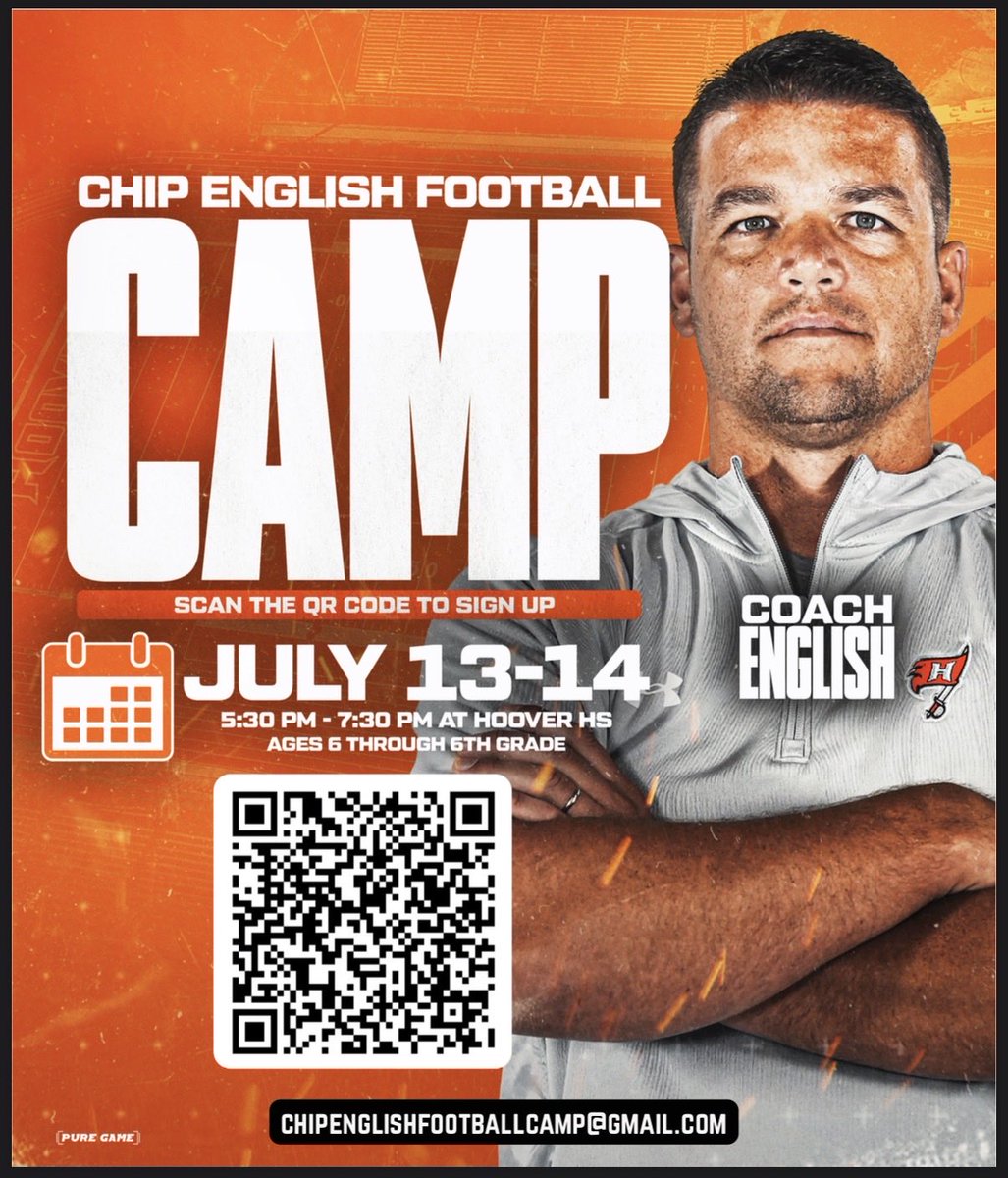BucsFootball's tweet photo. Come out and join us in July for the Chip English Youth Football Camp. Two nights filled with Fun, Fellowship, and Football. Scan the QR code to get signed up. https://t.co/3CKnkUVVmi