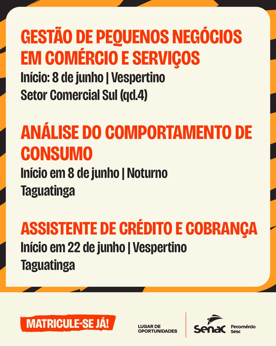 SenacDF's tweet photo. 📣 APROVEITE A OPORTUNIDADE!

As inscrições para os cursos livres do Programa de Bolsas 100% estão abertas! Agora é a hora para você dar o próximo passo na sua carreira.

📅 Início das aulas: junho

Inscreva-se já!
➡️ https://t.co/mA2ngIDBvP

#SenacDF #vaidesenacqueésucesso https://t.co/NaYroEP9Zn