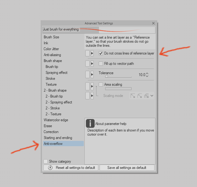 sarcodesian's tweet photo. @_Maatarou As a tip, you can make any brush do this if you check the box under brush settings > "Anti-overflow" > "Do not cross lines of reference layer" ! 

(Sorry for only being in english-- I don't know how to change the language in clip studio paint. 😅) https://t.co/35NsgJXc0s