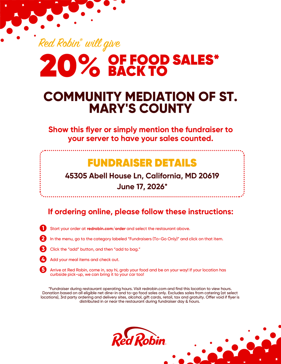 NAFCM's tweet photo. Here is a great opportunity to support NAFCM member Community Mediation of St. Mary’s County.

On 6/17 at the California, MD location, Red Robin will donate 20% of all eligible food sales to directly support their no cost mediation, restorative services &amp; cv programs. https://t.co/Bqh21niEiy