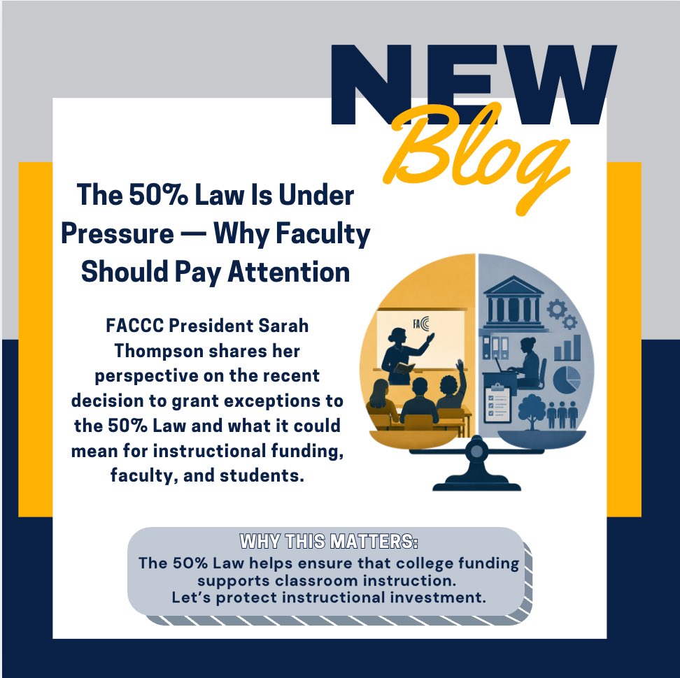FACCC's tweet photo. FACCC President Sarah Thompson shares her perspective on the recent CCC BOG vote to grant 50% Law exceptions to three districts, what it could signal for the future of instructional funding, and what may be at stake for faculty and students.

Read more: https://t.co/5VPCPRE4tA https://t.co/ZrQn90Irf1