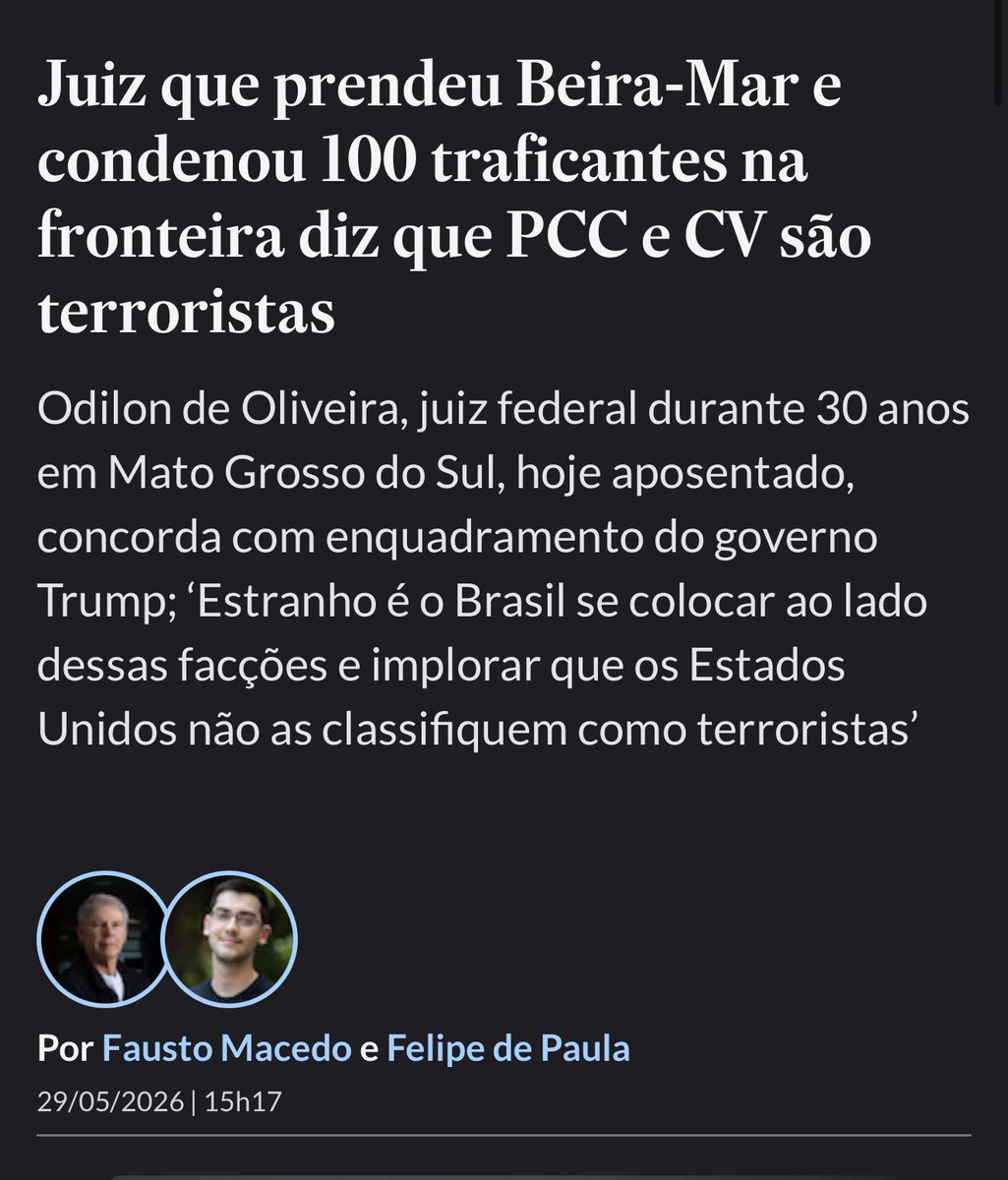 ivanildoiii's tweet photo. Há como discordar do que o juiz Odilon constatou?

PCC e CV matam agentes de segurança não como vingança, mas como para aterrorizar as forças que os combatem e a sociedade como um todo.

Estranho não é os EUA os enquadrarem como terroristas, estranhos e o Brasil não é o fazer mesmo. 

É bizarro ver esse tanto de “garantista” saindo em defesa da aplicação do Direito Penal do Inimigo contra a Débora e os outros fodidos do 8/1, mas cheio de reticências sobre o que fazer com quem aprisiona dezenas de milhões atrás de barricadas e fuzis.