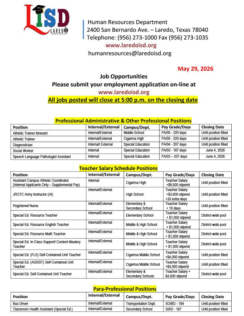 LaredoISD's tweet photo. LISD Job Opportunities!

Please view flyer and submit your employment application on-line at https://t.co/dM3QxFW6Fe

*All jobs posted will close at 5:00 p.m. on the closing date https://t.co/xTDf5O6qBx
