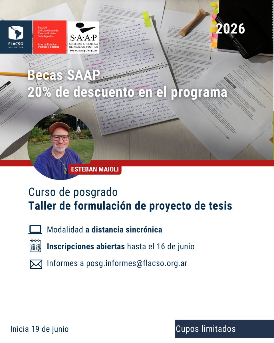 RedSAAP's tweet photo. Curso de posgrado: Taller de tesis

💻 Modalidad: A DISTANCIA SINCRÓNICA
📆 Inicio: 19 DE JUNIO
⏱Duración: 3 MESES
🎓 Si sos socio/a de SAAP, accedés a un 20% de descuento.
ℹ️💰Consultas por aranceles y descuentos: posg.informes@flacso.org.ar

https://t.co/Ko6VXQfnaA https://t.co/LoN0WEbKvt