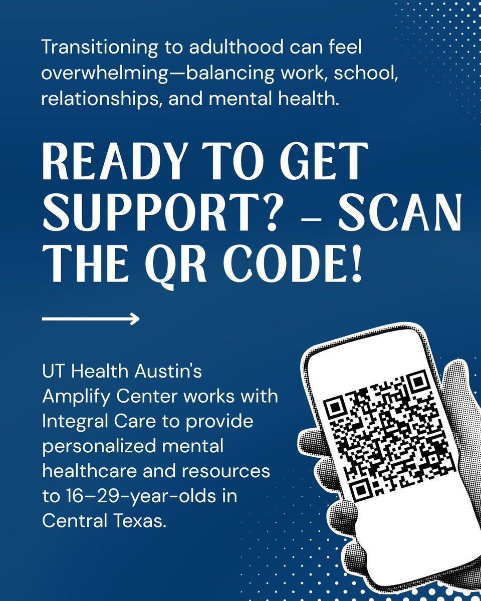 IntegralCareATX's tweet photo. In collaboration with Integral Care, @UTHealthAustin's Amplify Center is offering support and guidance to young adults who are between 16 and 29 years old, and who have mild to moderate mental health needs. Whether you are experiencing anxiety, depression, or any other mood- https://t.co/yAYhgCAIWB