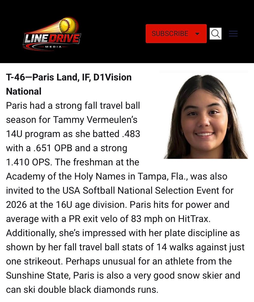 Paris7Land's tweet photo. Thank you Line Drive Media for ranking me 46th in the 2029 Line Drive HOT 100 Player Rankings🔥! 

This honor means so much to me, and I’m motivated to keep improving, growing, and competing at the highest level! 

@LineDsoftball @TOP_D1RECRUITS  @PrepSoftball @AheadInTheCnt @ExtraInningSB @USASoftball @D1Softball @AHNsoftball @Syd_finch @chelsw20 @UGACoachTony @Coach_Alameda @TCam_FSUSB @FSU_CoachWilson @Coach_AT @svanbrak @Coach_Inouye @EmersonEntpRes @2Ganeff @DukeCoachYoung @JalaWright14 @CoachDot_LU @SamiFagan @TexasCoachWhite @UT_CoachZ @KarenWeekly @MRhodesSmith @CoachMalveaux @Tpleasants17 @Trisha_Ford @Tpleasants17 @zjermain_15 @CoachNealPT @BethTorina @CoachGJCary @UNCSoftball @UGASoftball @LSUsoftball @GatorsSB @d1vision_sb