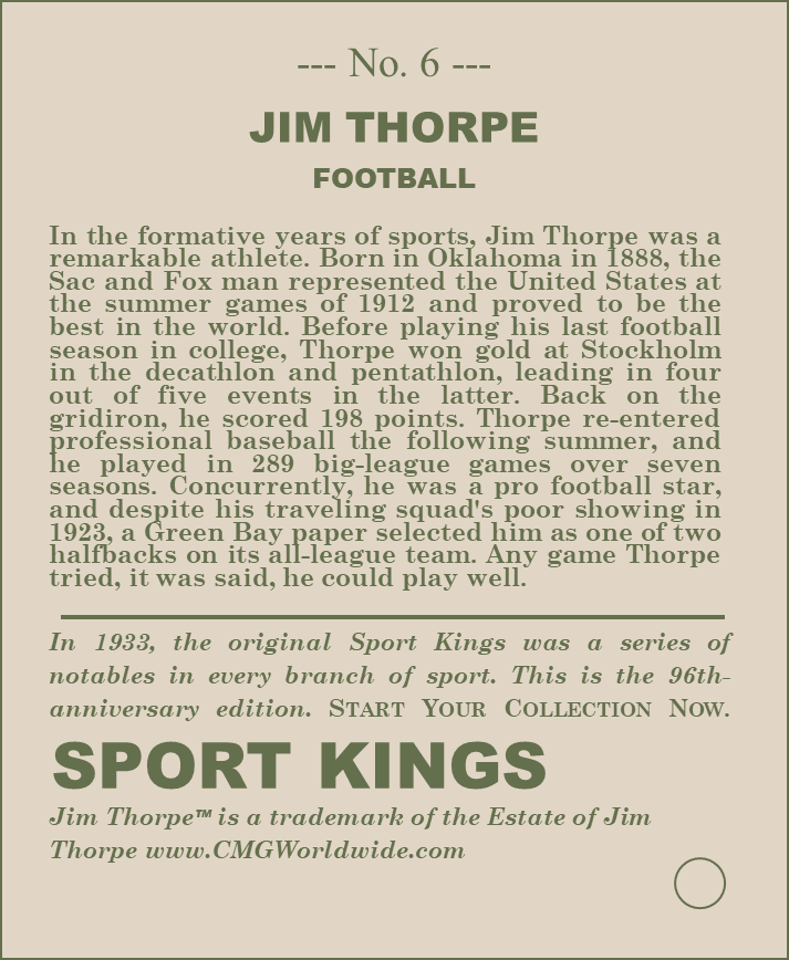 Someotherguy55's tweet photo. Sportkings 2029, sort of interrupting baseball to give No. 6 from 1933 his old number, continues with Jim Thorpe. https://t.co/Hj5EWepLA0