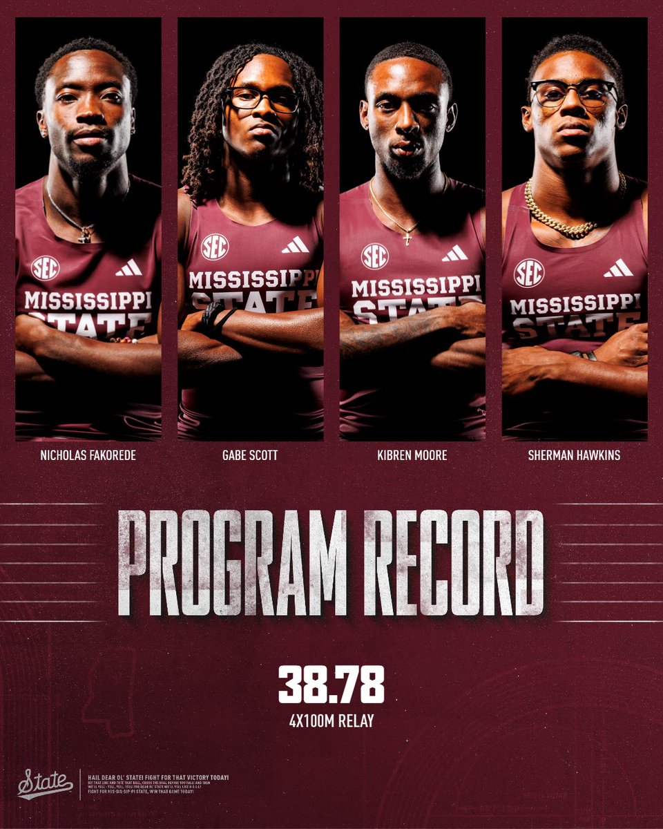HailStateTF's tweet photo. 𝐓𝐈𝐂𝐊𝐄𝐓 𝐏𝐔𝐍𝐂𝐇𝐄𝐃🎟️

A new program record and a ticket to Eugene secured for our men’s 4x100m!

#HailState https://t.co/jufsu3iI2u