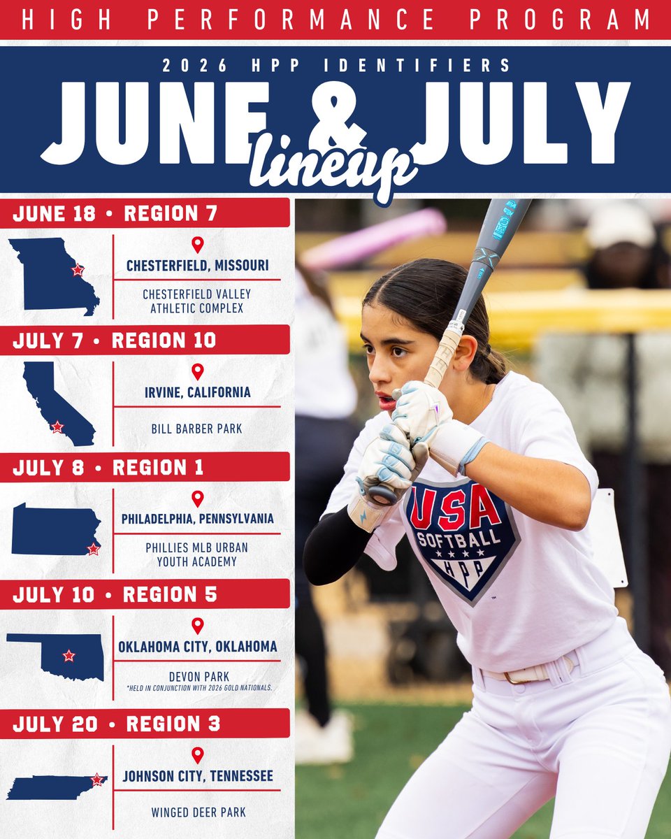 USASoftball's tweet photo. 𝐉𝐮𝐧𝐞 + 𝐉𝐮𝐥𝐲 #HPP lineup 🗓️

𝗦𝗶𝗴𝗻 𝘂𝗽 𝗻𝗼𝘄 for an upcoming #USASoftball High Performance Program Identifier near you!

🔗 https://t.co/DHzS2Or98d https://t.co/jl6FOTkuqW
