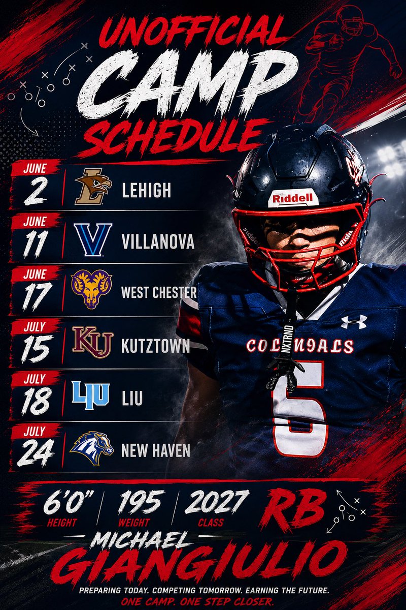 Mike_G609's tweet photo. This is my UNOFFICIAL Camp Schedule. Any of the camps could change but I’m expected to be at all of them. Excited to compete and show everything I can do!
@CoachMorita @PennypackerRoss @coach_wtruxell @CoachFargo_KUFB @RylanStamn @Coach_JD1 https://t.co/uStOnTSVus
