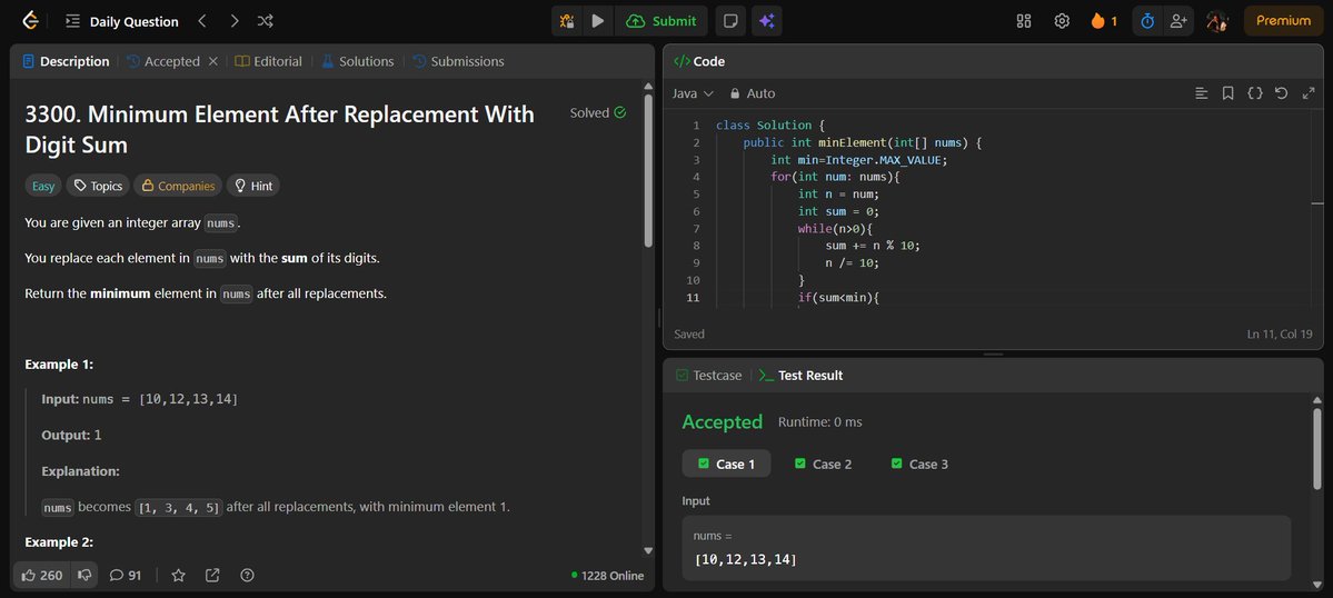 VKakad2709's tweet photo. Day 58 of #100DaysOfCodeStarted my journey today! Solved LeetCode problem Minimum Element After Replacement With Digit Sum. Looking forward to coding more every day! #Code #LearningToCode #dsa #Java #100DaysOfCode https://t.co/Ez6GcyNqxD