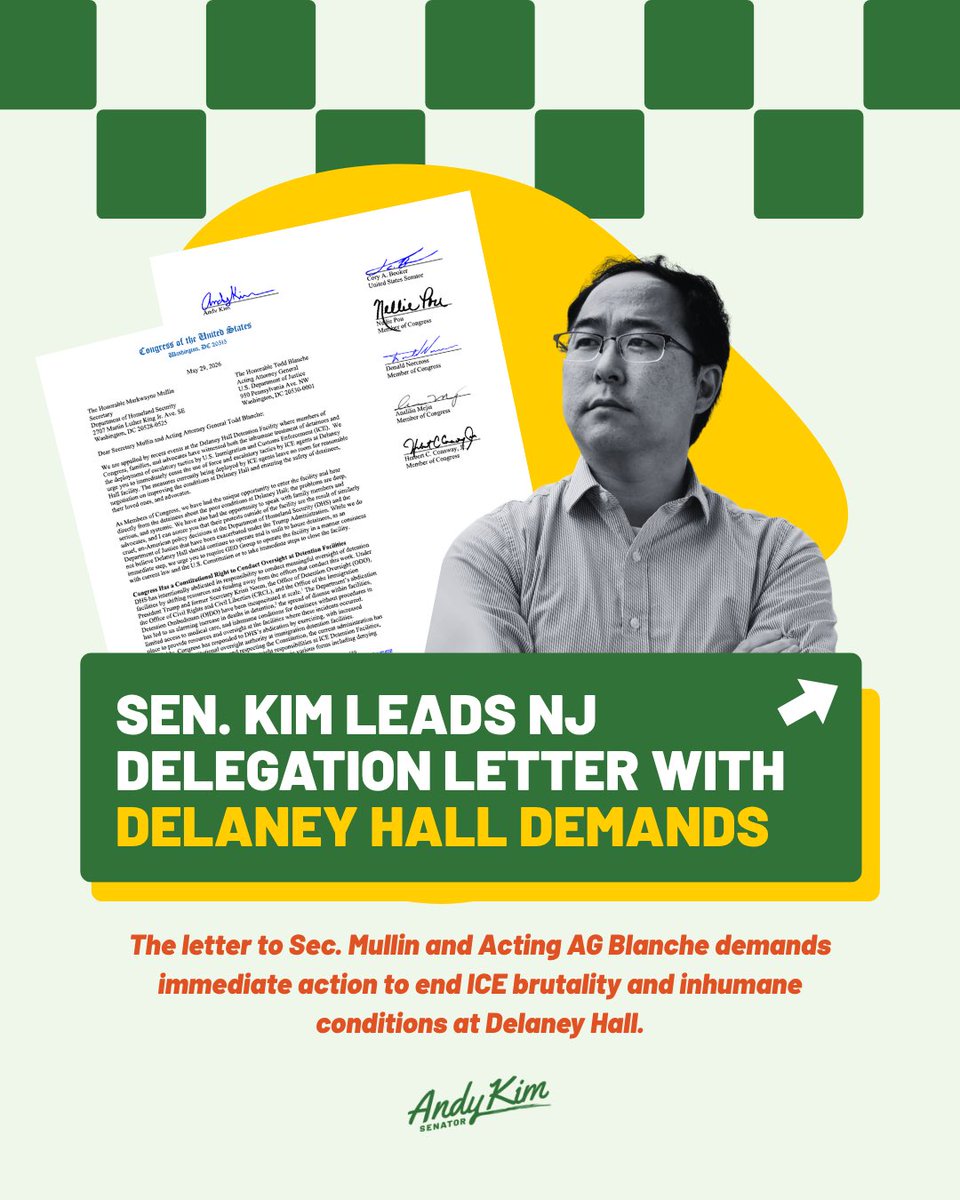 SenatorAndyKim's tweet photo. Today, I led a NJ delegation letter demanding that Secretary Mullin and Acting Attorney General Blanche take action to immediately end the inhumane conditions at Delaney Hall and ICE's retaliatory tactics against detainees and advocates.   What I saw there earlier this week and continue to see is absolutely unacceptable. Delaney Hall must be shut down immediately.