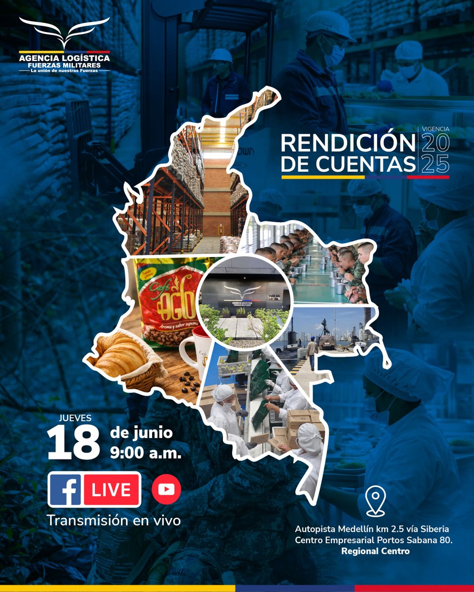 AgLogistica's tweet photo. La Agencia Logística de las Fuerzas Militares, tiene el gusto de invitar a partes interesadas a la Audiencia Pública de Rendición de Cuentas.
Fecha: Jueves 18 de junio de 2026. 9:00 am. Desde nuestra Regional Centro ALFM. https://t.co/EqbBolML77