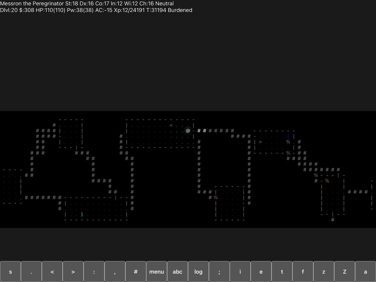 Messron_ME's tweet photo. コツコツやってるアプリ版のnethack。やっと観光客でここまでたどり着いた・・。もう少しでメデューサフロアだっけ?しかし竜鱗鎧以外が未だにオークの兜とか鉄のブーツとかなんだよな・・耐性もほぼ埋まったのにまだ火耐性が来ないし。チグハグ感がすごい。
#nethack https://t.co/v85gIyRvNz