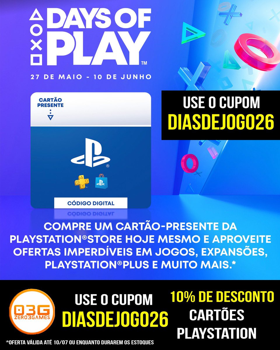 zero3games's tweet photo. Use o Cupom DIASDEJOGO26 e economize 10% em GiftCards PlayStation com a Zero3games 😎

10% OFF para os cartões PlayStation - até 10/07/2026 ou enquanto durarem os estoques

#promo #promoção #zero3games #playstation #psn https://t.co/sKLBpYrxbz
