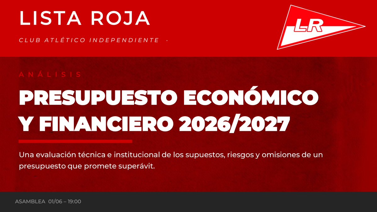 listarojacai's tweet photo. 🚨El Estatuto de Independiente garantiza el derecho de los socios a estar presentes en las Asambleas. La dirigencia, una vez más, se los negó.

Cuando los números no resisten el escrutinio, lo que se restringe no es el acceso al salón: se restringe el debate.
Un presupuesto que proyecta USD 10 millones en ventas sin activos exportables, que presupuesta solo una visión optimista y que se basa en promesas vacías, no necesita que los socios estén informados. Necesita que no estén.🚫

Lo que no quieren explicar en Asamblea abierta, Lista Roja se lo explica a los socios.🚩

Desliza 👉
