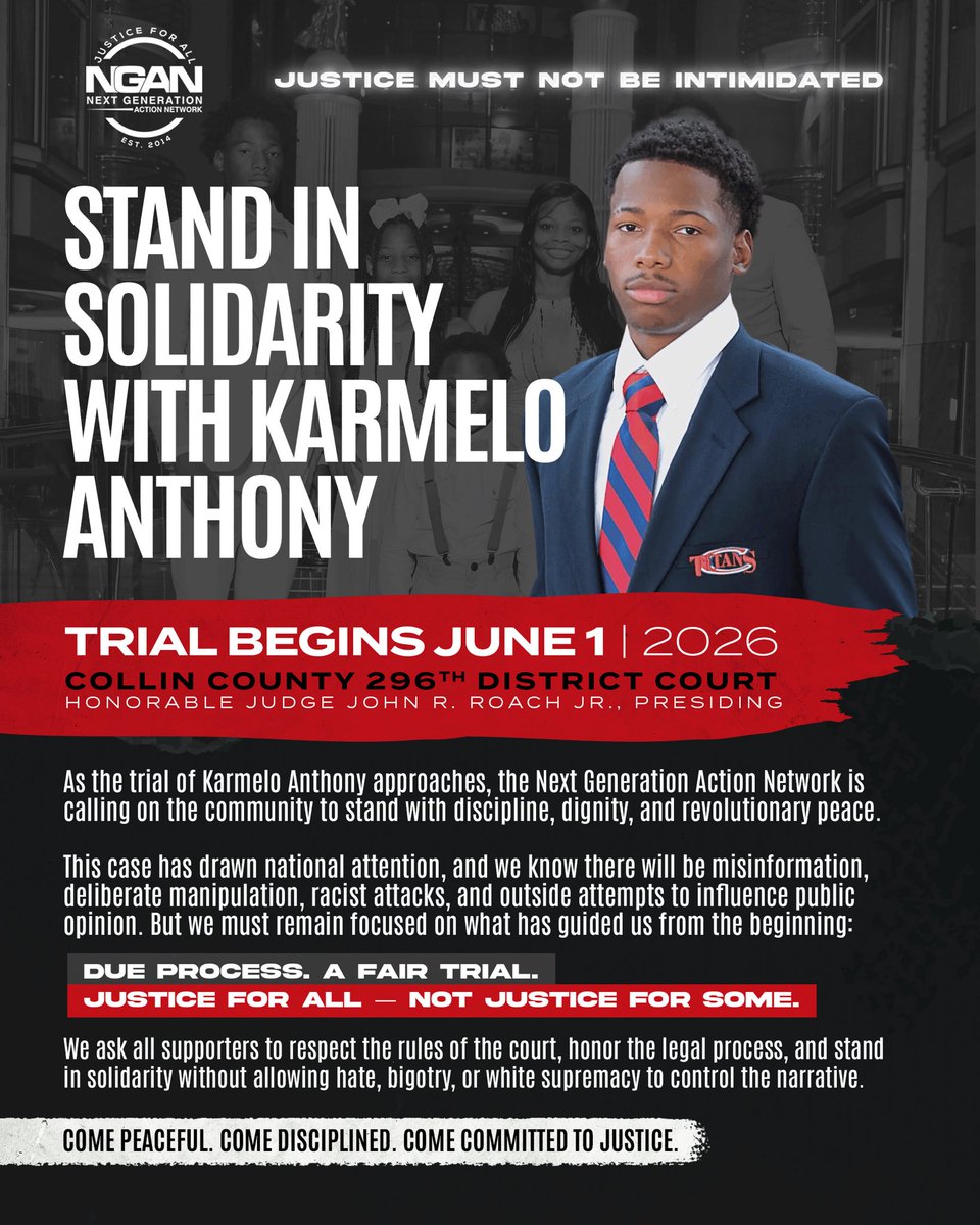 NextGenAction's tweet photo. The trial of Karmelo Anthony is scheduled to begin June 1.

The Next Generation Action Network stands firm in one truth: laws are not just for some races. Rights are not just for some people. Due process is not just for a select few it belongs to all.

No matter your race, color, creed, or background, every person deserves fairness, dignity, and the right to a fair trial.

Let’s stand together for justice, peace, and due process.

Justice for All, Not Justice for Some.
#NGAN #JusticeForAll #DueProcess #FairTrial #KarmeloAnthony