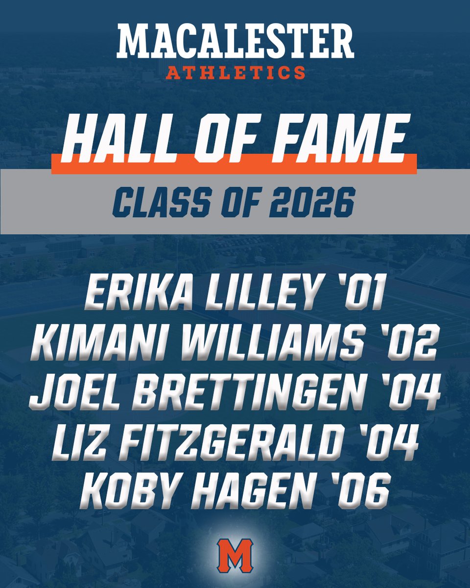 MacalesterScots's tweet photo. 𝐇𝐀𝐋𝐋 𝐎𝐅 𝐅𝐀𝐌𝐄 𝐂𝐋𝐀𝐒𝐒 𝐎𝐅 𝟐𝟎𝟐𝟔! 🎉
Erika Lilley '01 - @MacalesterVB 
Kimani Williams '02 - @MacalesterMSOC 
Joel Brettingen '04 - @MacalesterBase 
Liz Fitzgerald '04 - @MacalesterSwim 
Koby Hagen '06 - @MacalesterXCTF 
Congrats to our new Hall of Famers! #GoScots https://t.co/QIJ0Yoh1qj