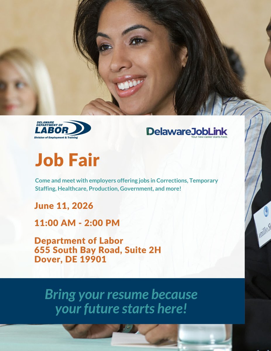 DelawareDET's tweet photo. The Delaware Department of Labor invites you to a multi-employer Job Fair!
🗓️ Date: Thursday, June 11, 2026
⏰ Time: 11:00 am – 2:00 pm
📌 Location: Delaware Department of Labor, Dover
Bring your resume and dress to impress! #DOLjobfair26 https://t.co/m8vzvNKDSh