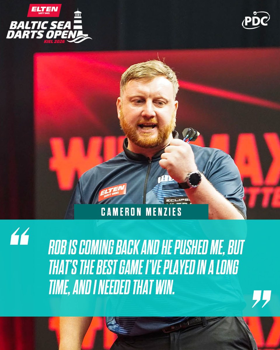 OfficialPDC's tweet photo. Cameron Menzies produced an outstanding display on the opening day of the Elten Safety Shoes Baltic Sea Darts Open, as Dimitri Van den Bergh ended his European Tour hiatus with victory in Kiel.

Recap &amp; reaction from a bumper day of action! 👇

📝 https://t.co/udjYsEkr2w https://t.co/NvNFNg5C3v