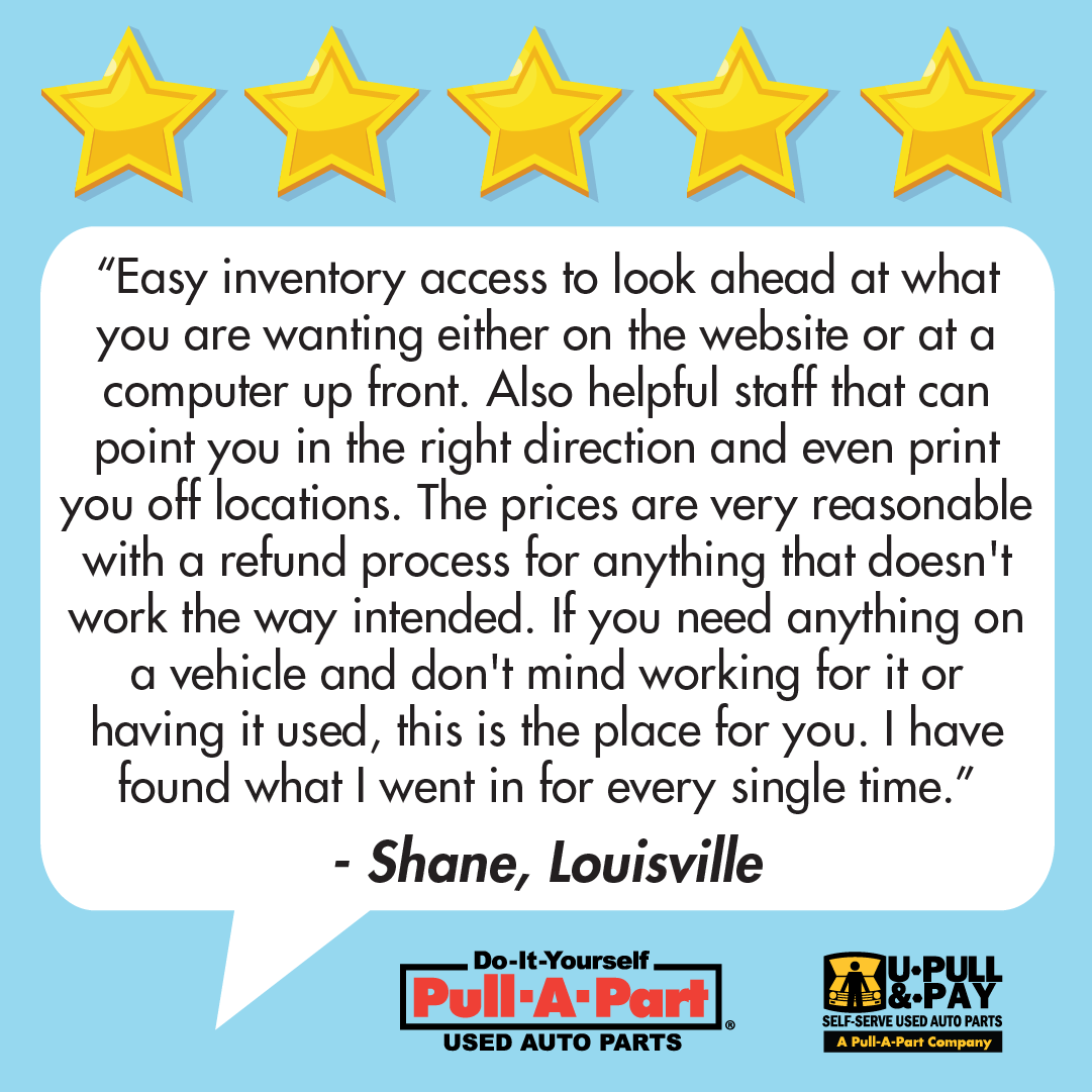U_Pull_Pay's tweet photo. Easy process ✅ Affordable prices ✅ A little hard work = BIG savings ✅ 

That's what we are all about! Our customers appreciate how simple we make it to find quality parts without breaking the bank. Ready to save? Stop by one of our locations and see for yourself! https://t.co/iCoxacTyUl
